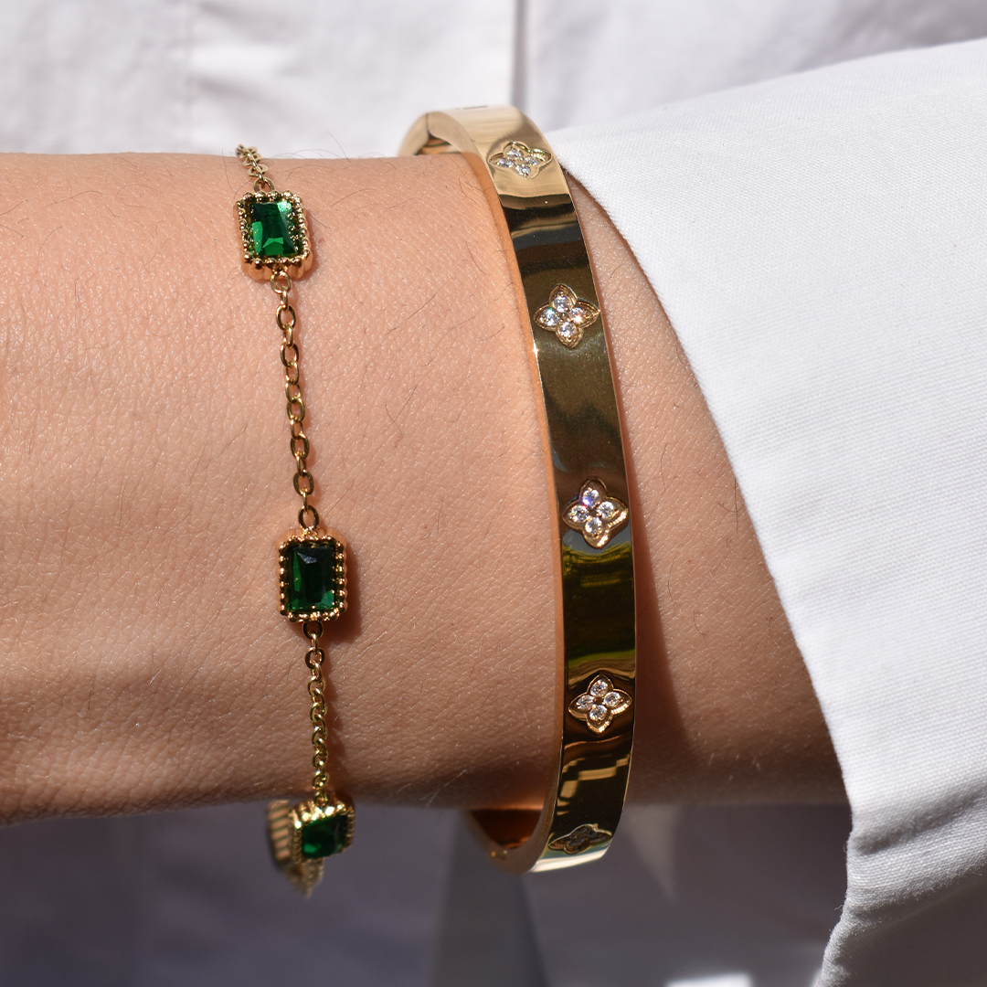 Gold Stainless Steel Chain Green Gemstone Bracelet
