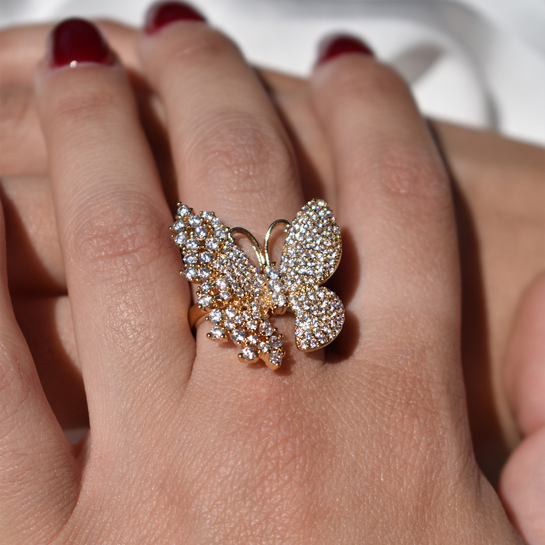 Gold Dazzle Butterfly Open Ring cubic zirconia