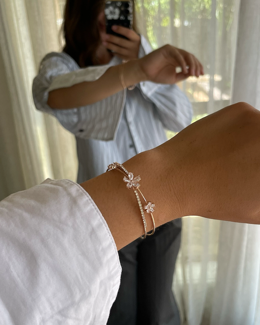 Rose Gold CZ Flowers Cross Open Bangle