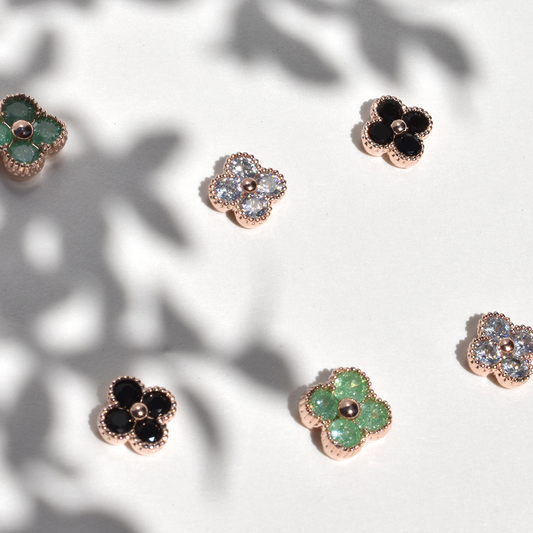 Small delicate stud earrings four leaf clover design sparkling cubic zirconia rose gold plating