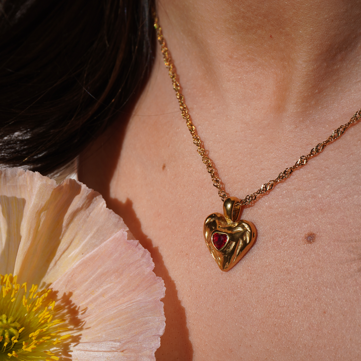 Tarnish free heart pendant necklace worn by model for everyday wear in Australia