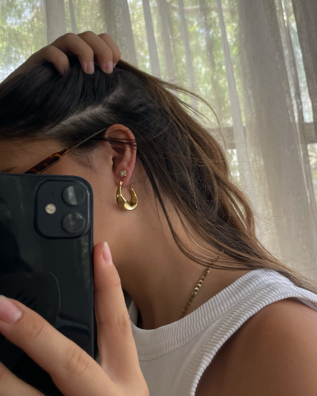 layered Korean four leaf clover stud earrings S925 sterling silver cubic zirconia jewellery with waterproof twisted hoops model shot