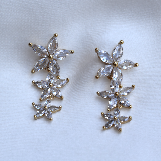 Gold Diamonte Flower Drop Earrings made in Korea Jewellery