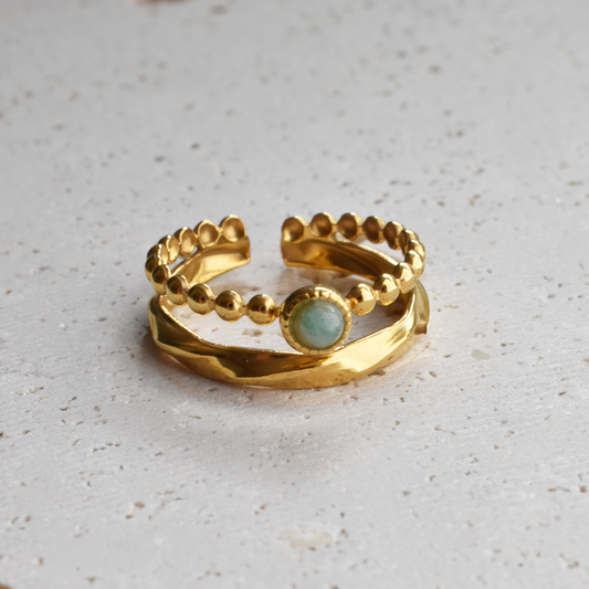 Antique Green Stone Double Line Open Ring PVD plating 18k gold plated