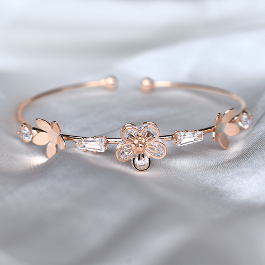 Rose Gold CZ Flower Open Bangle