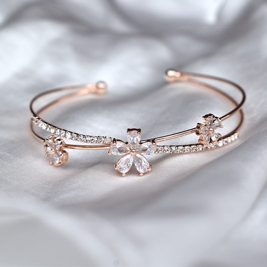 Rose Gold CZ Flowers Cross Open Bangle
