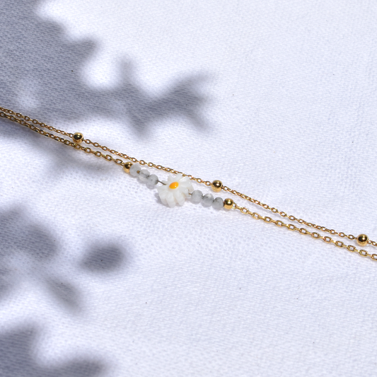 Stainless Steel Double Ball Chain Daisy Point Bracelet.
The double ball chain design and dainty daisy point charm make it a unique and versatile accessory. Elevate your style with this beautiful bracelet.

Material: Stainless Steel, 18K Gold Plated, Beads
Size: 16cm + 5cm