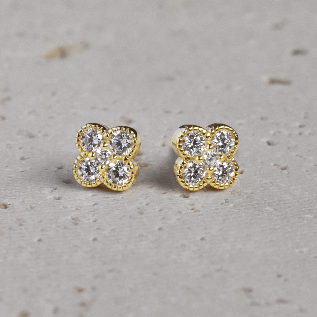 S925 Small Cubic Zirconia Four Leaf Stud Earrings