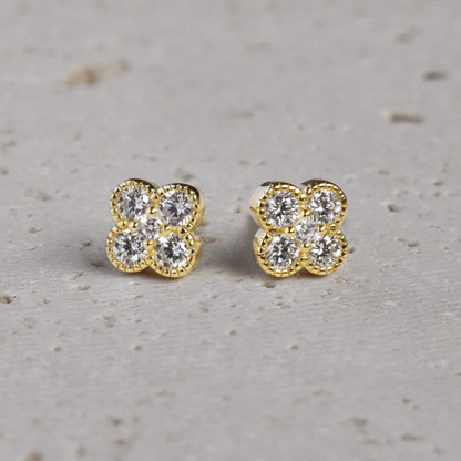 S925 Small Cubic Zirconia Four Leaf Stud Earrings