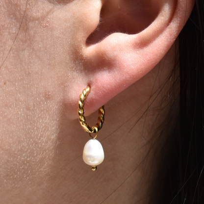 Stainless Steel Twisted Pearl Hoop Earrings