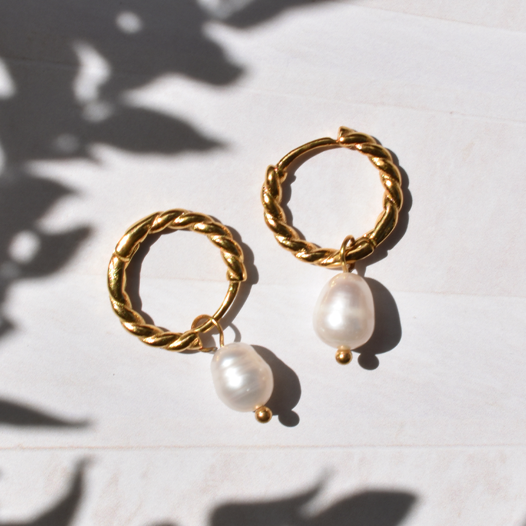 Stainless Steel Twisted Pearl Hoop Earrings