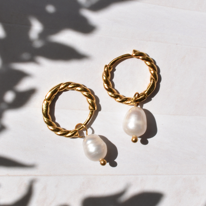 Stainless Steel Twisted Pearl Hoop Earrings