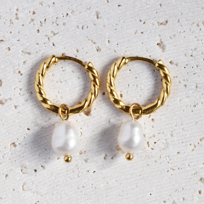 Stainless Steel Twisted Pearl Hoop Earrings
