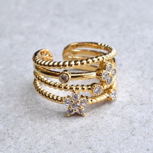 Gold Plated Sparkle Cubic Zirconia Four Lines Cuff.
This cuff is designed to add a touch of elegance and sparkle to any outfit.
Embrace the beauty of cubic zirconia and shine bright with this stunning accessory.

Material: 16K Gold Plated, Brass, Water Resistant
Size: Adjustable